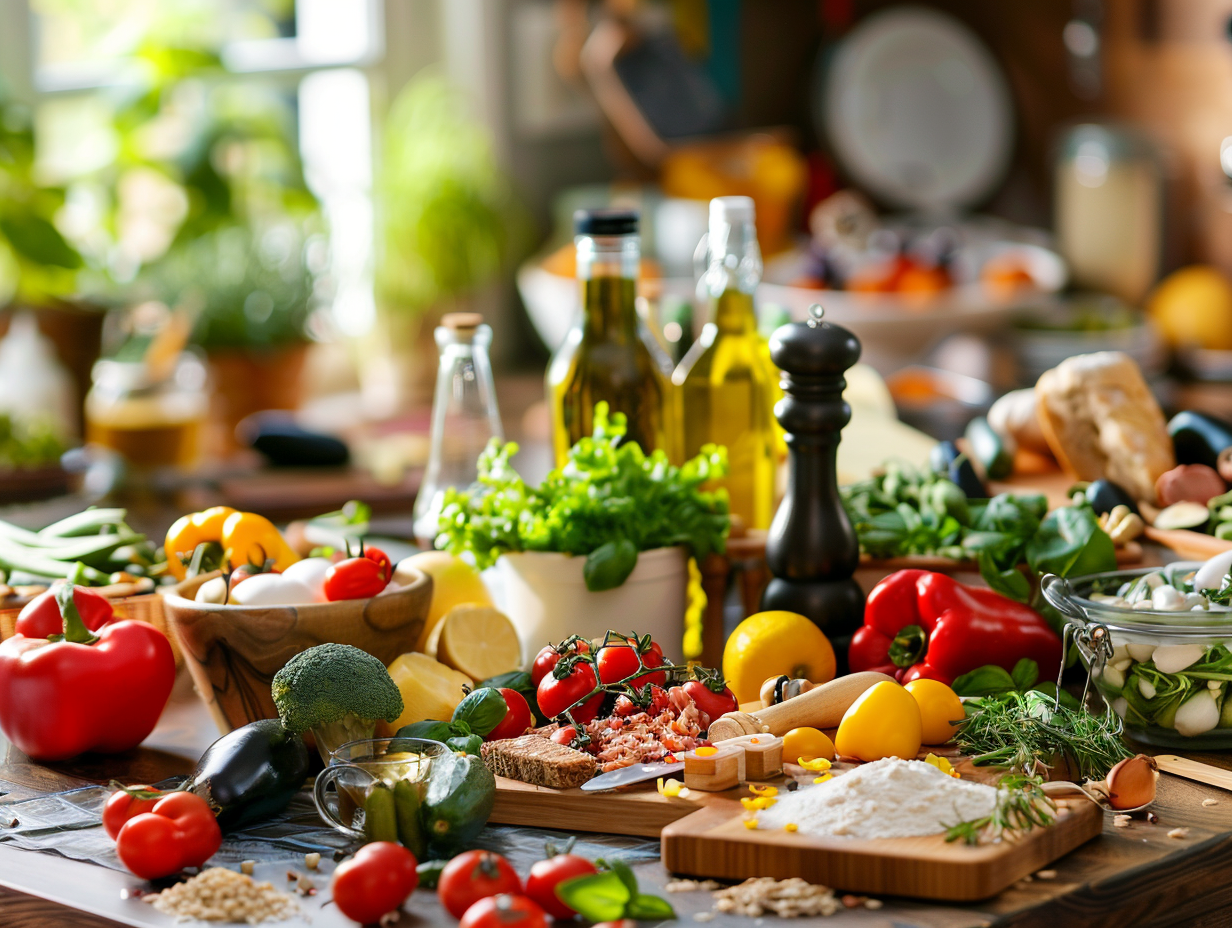 Різнобарвні свіжі овочі та фрукти для збалансованого харчування