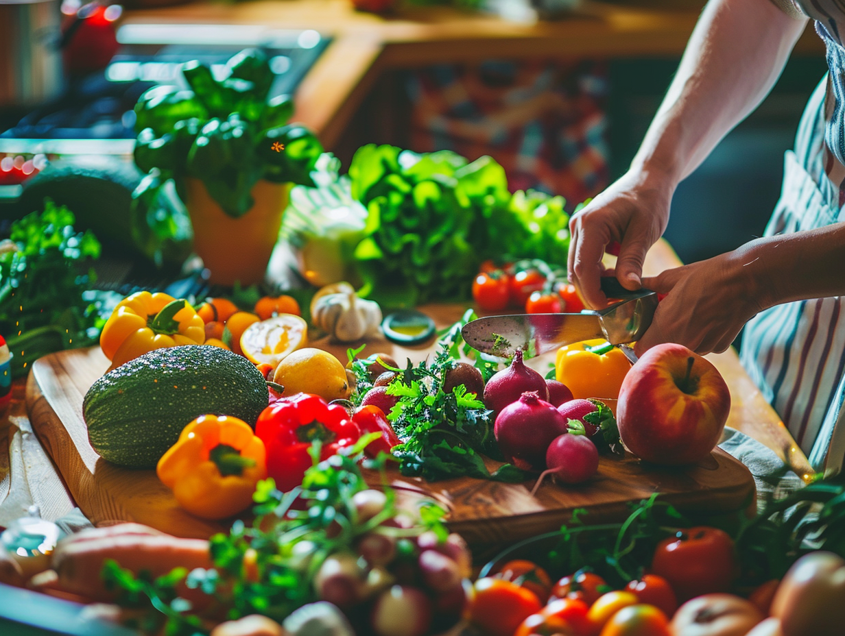 Різнобарвні корисні страви на кухонному столі
